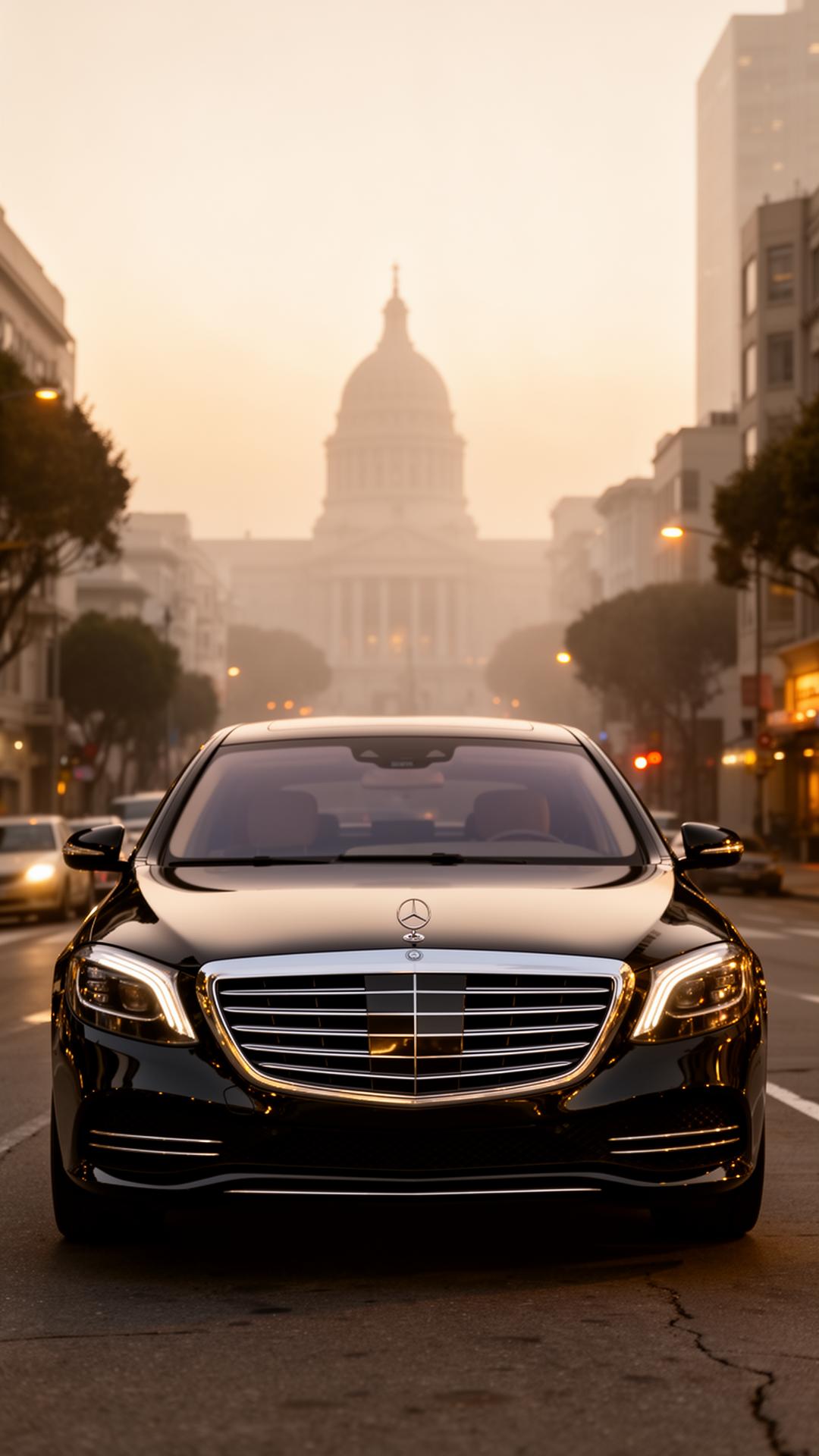 Velocita Mercedes S-Class on a fog-lit San Francisco street at dusk